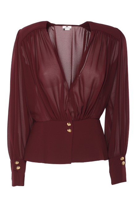 Shop ELISABETTA FRANCHI  Camicia: Elisabetta Franchi blusa in georgette con baschina.
Blusa in georgette a maniche lunghe con alti polsi. È caratterizzata da profondo scollo incrociato trattenuto da baschina con bottoni in metallo dorato.
Spalline imbottite.
Bottoni in metallo dorato.
Vestibilità regular.
Composizione: 100% Poliestere. 
Made in Italy.. CA07947E2-CG3